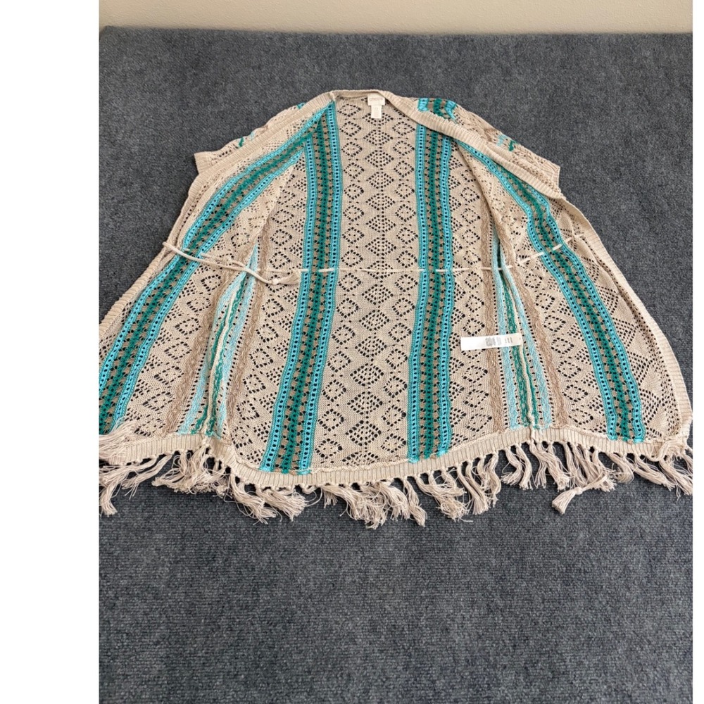 Chicos Linen Open Knit Cardigan Tan Teal Fringe Short Sleeve Size 0 Petite - Picture 6 of 8